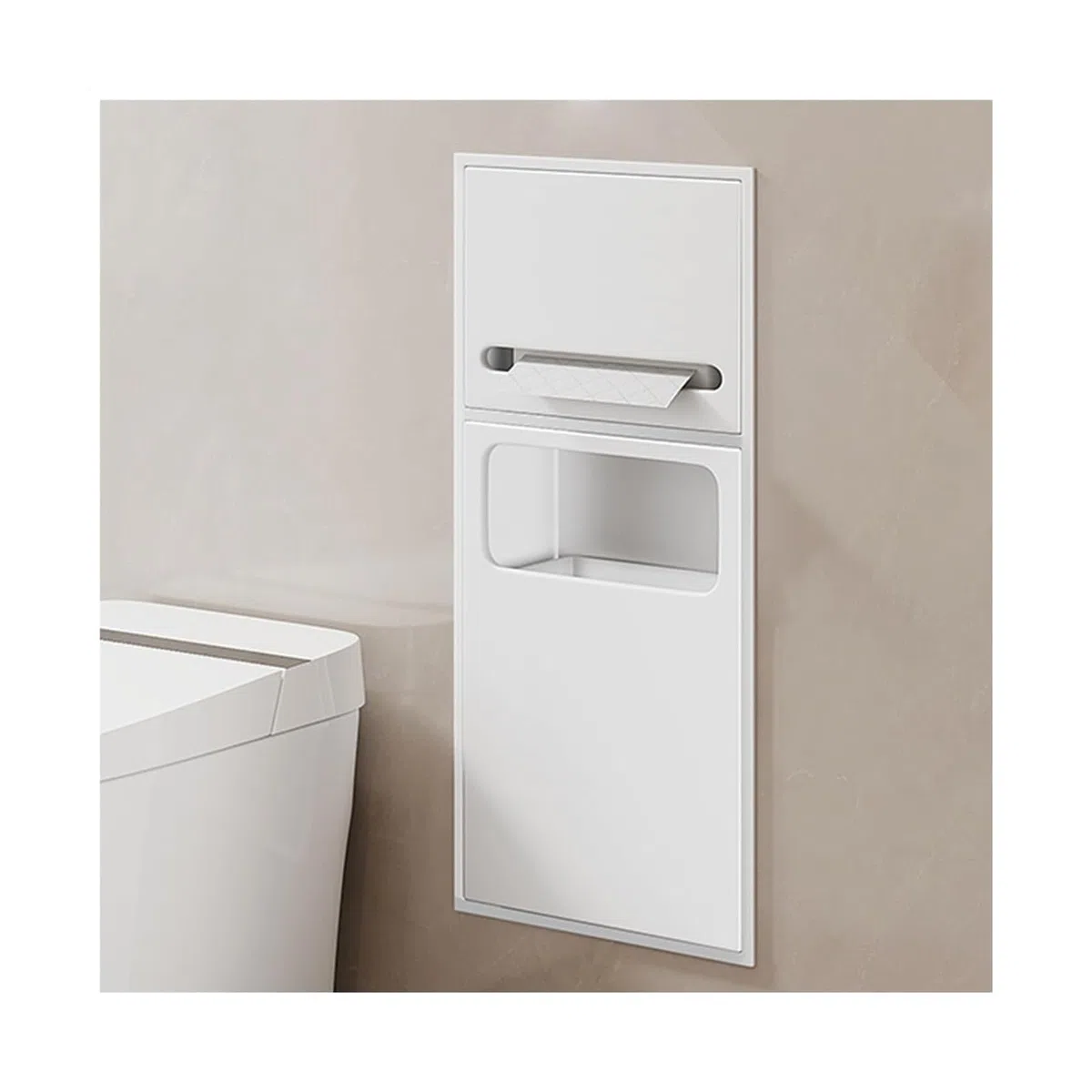 Dispensador de toallas de papel empotrado de acero inoxidable y cubo de basura, soporte de papel higiénico plegable en C para baños comerciales y restaurantes, diseño duradero y elegante