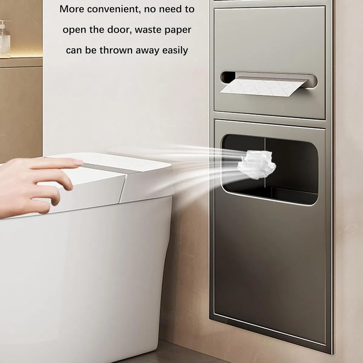 Dispensador de toallas de papel empotrado de acero inoxidable y cubo de basura, soporte de papel higiénico plegable en C para baños comerciales y restaurantes, diseño duradero y elegante