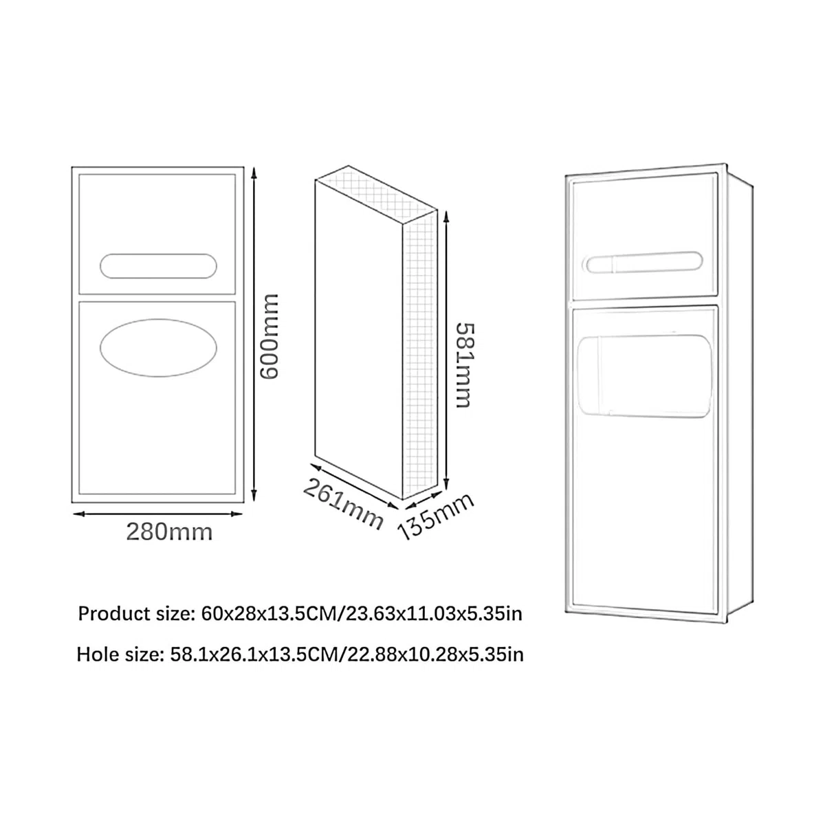 Dispensador de toallas de papel empotrado de acero inoxidable y cubo de basura, soporte de papel higiénico plegable en C para baños comerciales y restaurantes, diseño duradero y elegante