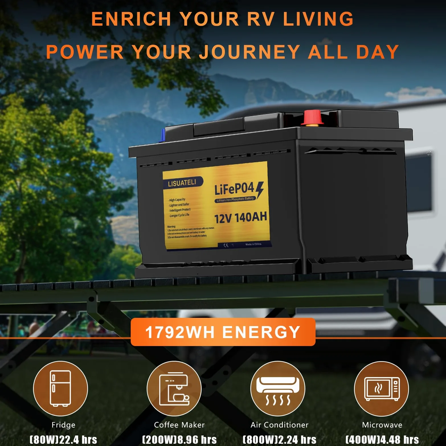 Batería LiFePO4 autocalentable de 12 V 140 Ah, RV/autocaravana, supervisión de la aplicación, BMS de 150 A, 1792 Wh de energía utilizable, más de 8000 ciclos, ideal para RV y autocaravana, motor de