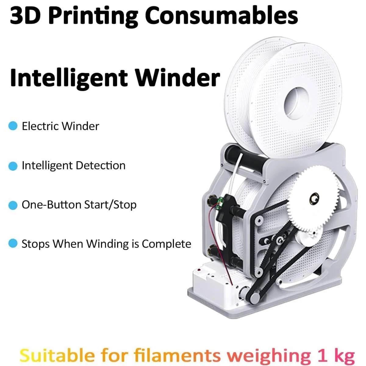 Rebobinador de filamento de impresión 3D, rebobinador eléctrico de carrete con función inteligente de arranque/parada, compatible con carretes universales de 1 kg, envuelve perfectamente sin enredos