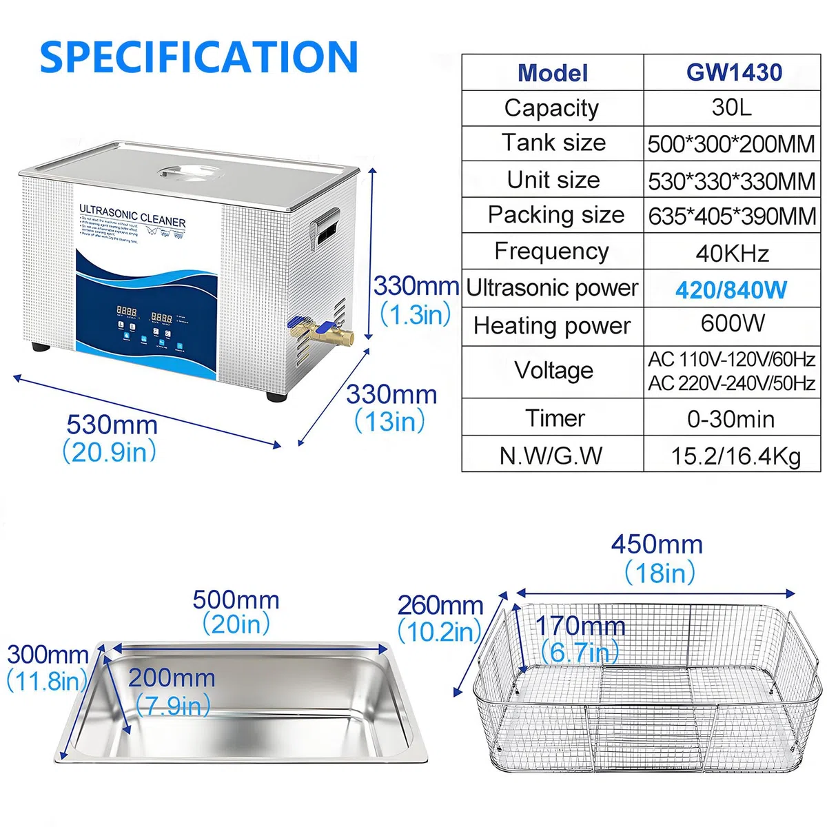 Limpiador Ultrasónico Máquina de Ultrasonidos Limpieza Profesional con Temporizador Digital Temperatura Ajustable para Collares Joyas Limpieza de Monedas Cestas Incluidas 1430-30L
